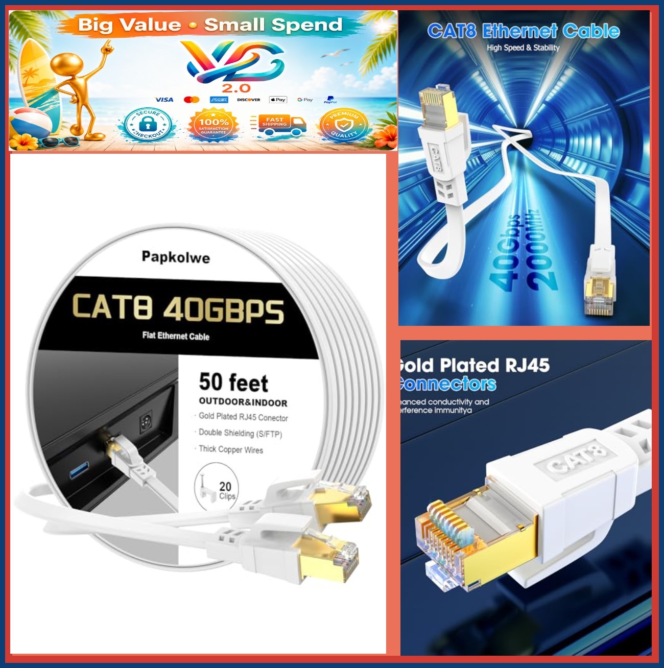 Cat8 Ethernet Cable 50ft 40Gbps 2000MHz Flat RJ45 Shielded LAN High Speed White