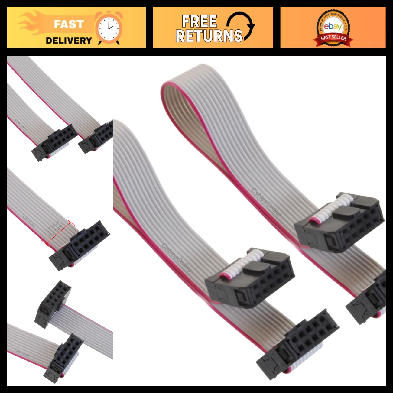 2-Pack 6" 10-Pin Female to Female IDC Flat Ribbon Cables, 2.54mm Pitch, 10-Wire