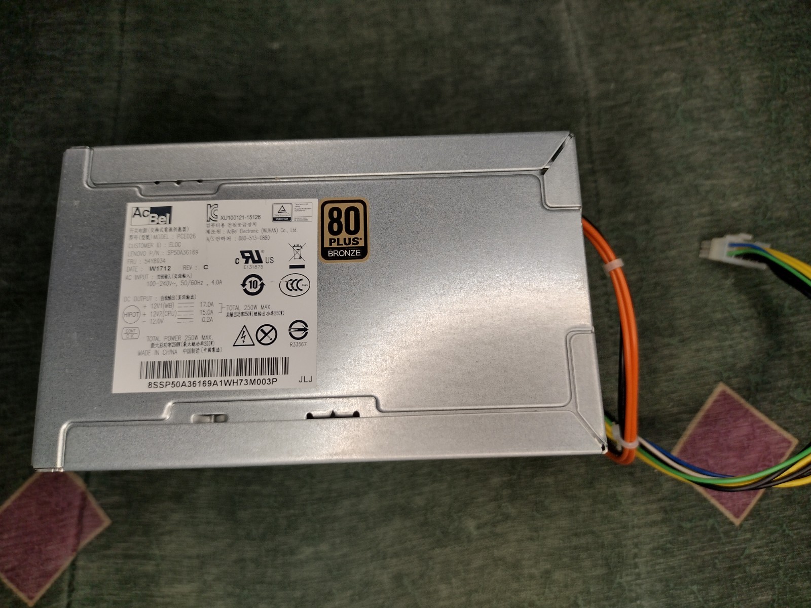 Lenovo ThinkStation P310 250W Power Supply - PCE026 FRU 54Y8934 P/N SP50A36169