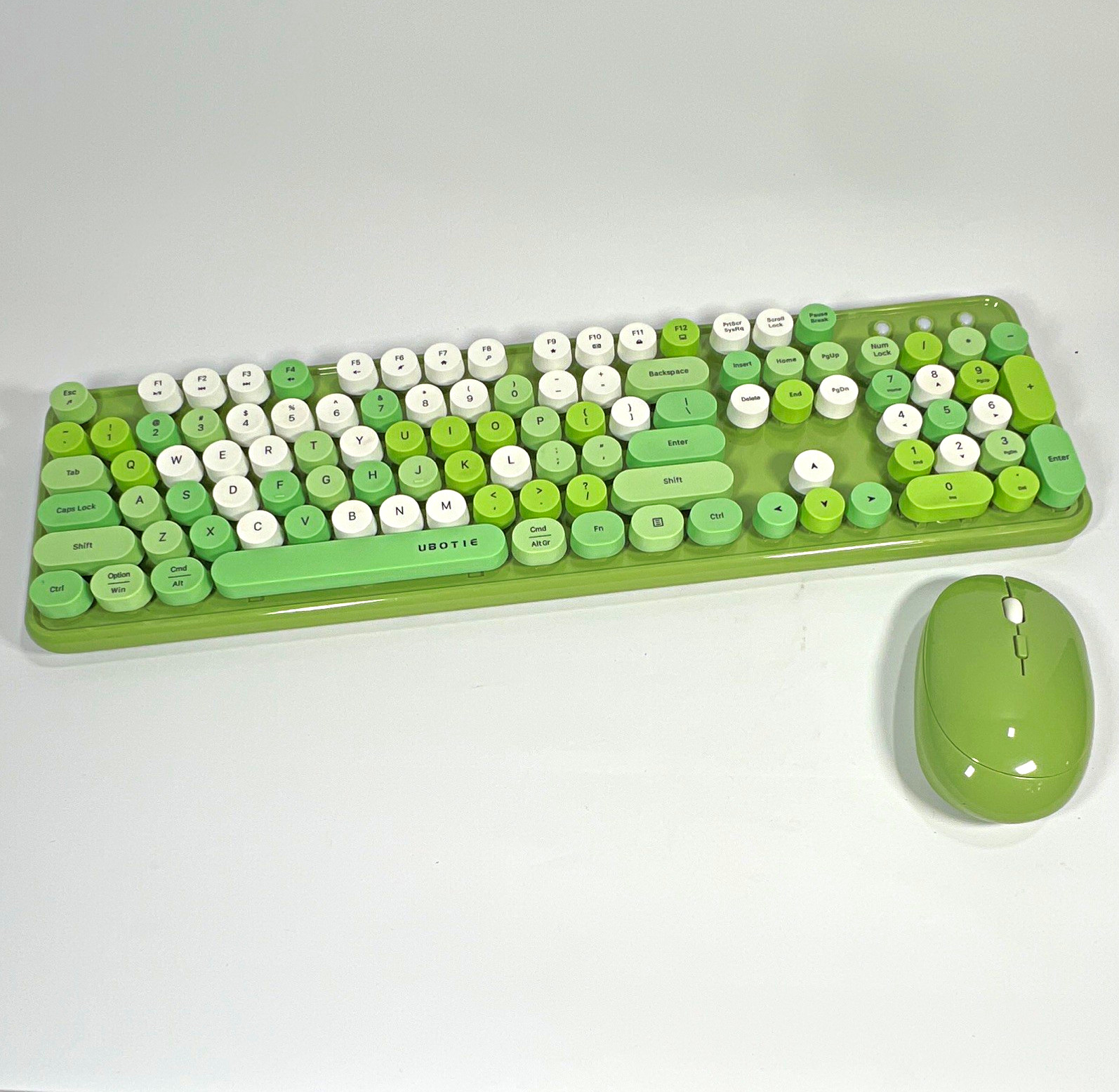 UBOTIE Wireless Keyboard & Mouse Combo Retro Round Green/White QWERTY w/ Numpad