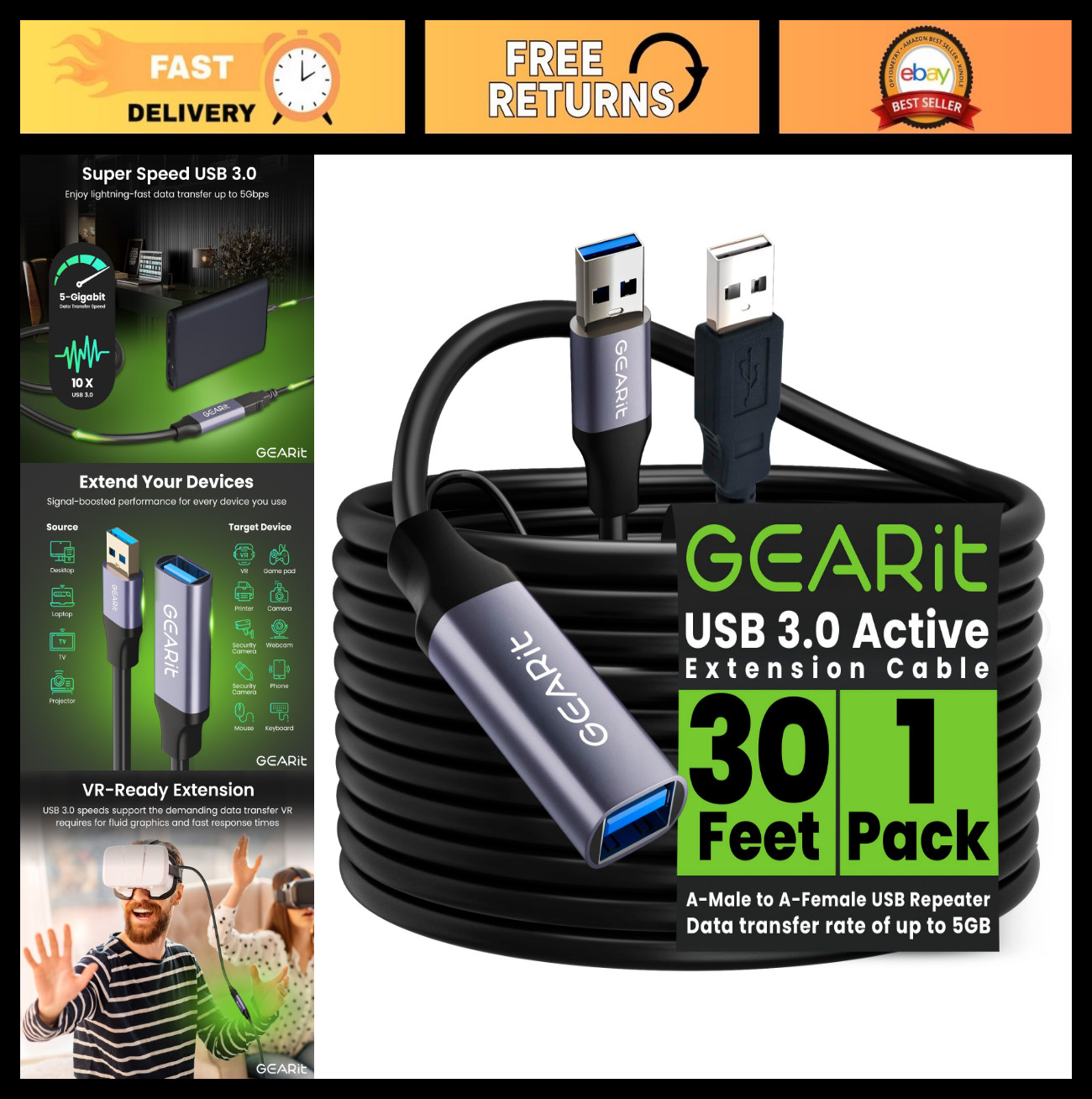 30ft USB 3.0 Active Extension Cable A-Male to A-Female Repeater Signal Booster f