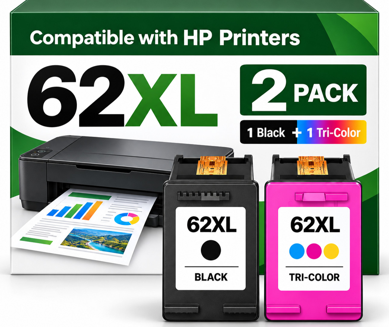2PK For HP 62 XL Black And 62XL Color Ink Cartridges For Envy 7640 7645 5660
