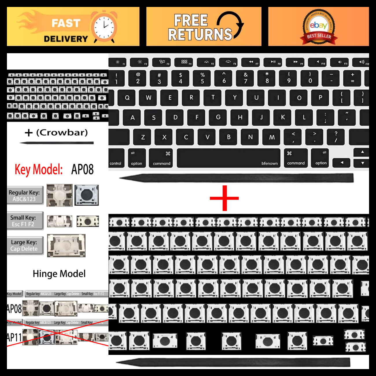 Replacement Key Caps + Clip Hinge for MacBook Retina & Air 13" 15" (2011-2015)