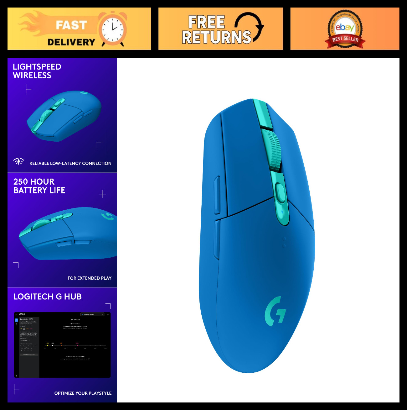 Wireless Gaming Mouse, Lightspeed Technology, Ergonomic Design, Blue Color, Ultr