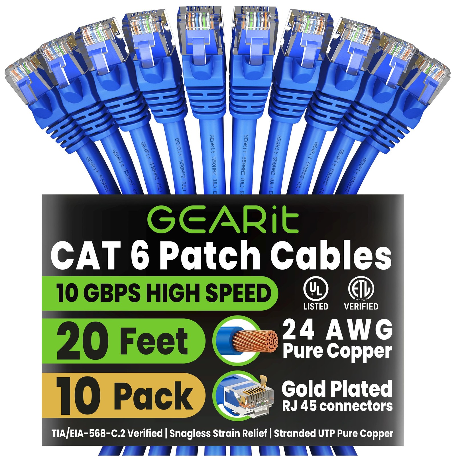 GEARit Cat6 Patch Cables Cat 6 Ethernet Cable 20 ft 10-Pack Blue