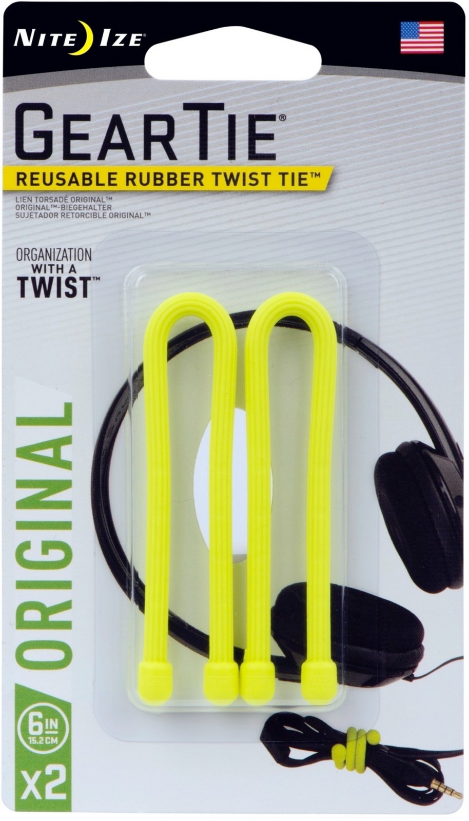 Nite Ize 2-Pack Gear Tie Reusable Rubber Twist Tie, 6" - Neon Yellow