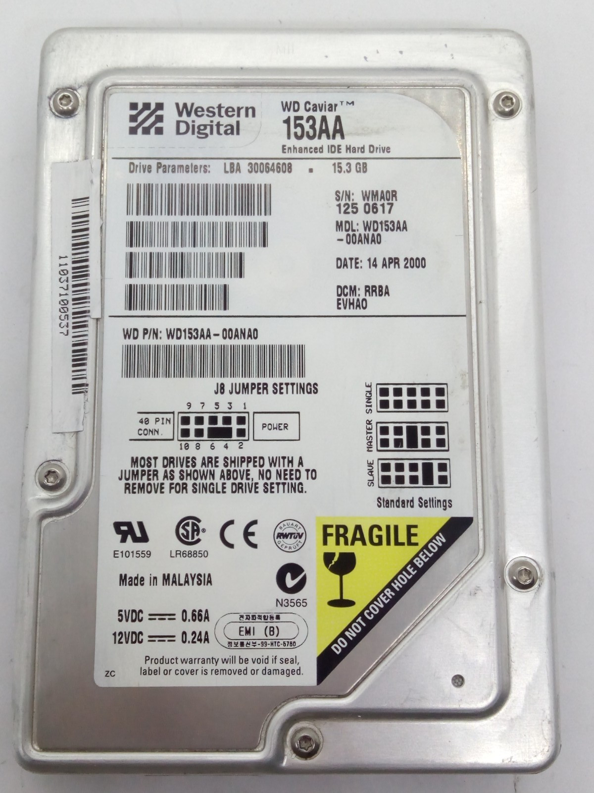 WESTERN DIGITAL 15.3GB IDE HARD DRIVE WD153AA-00ANA0 3.5" #FP4665