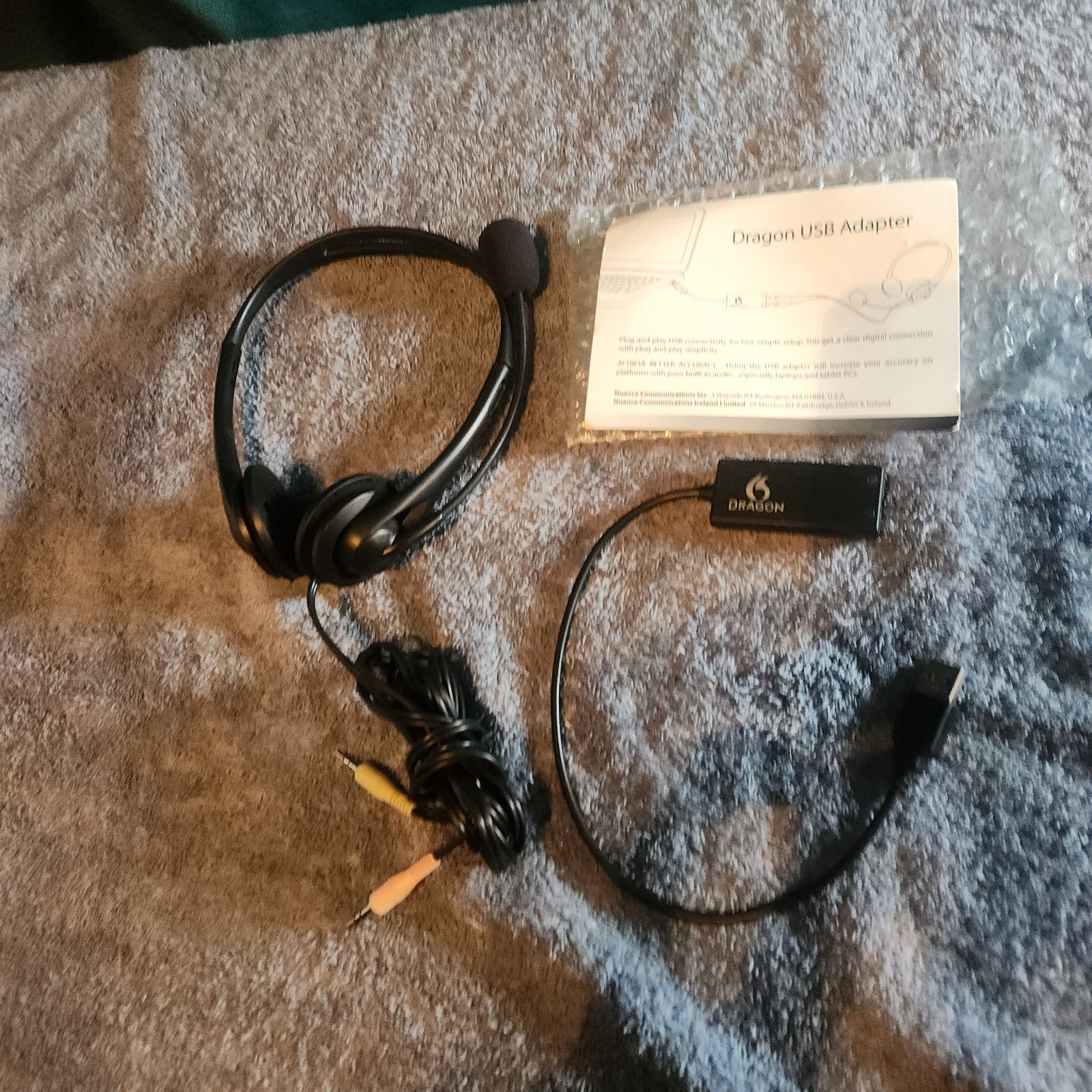 Nuance Dragon USB Audio Adapter Dongle & Wired Headset Dictation PC Speech Mic