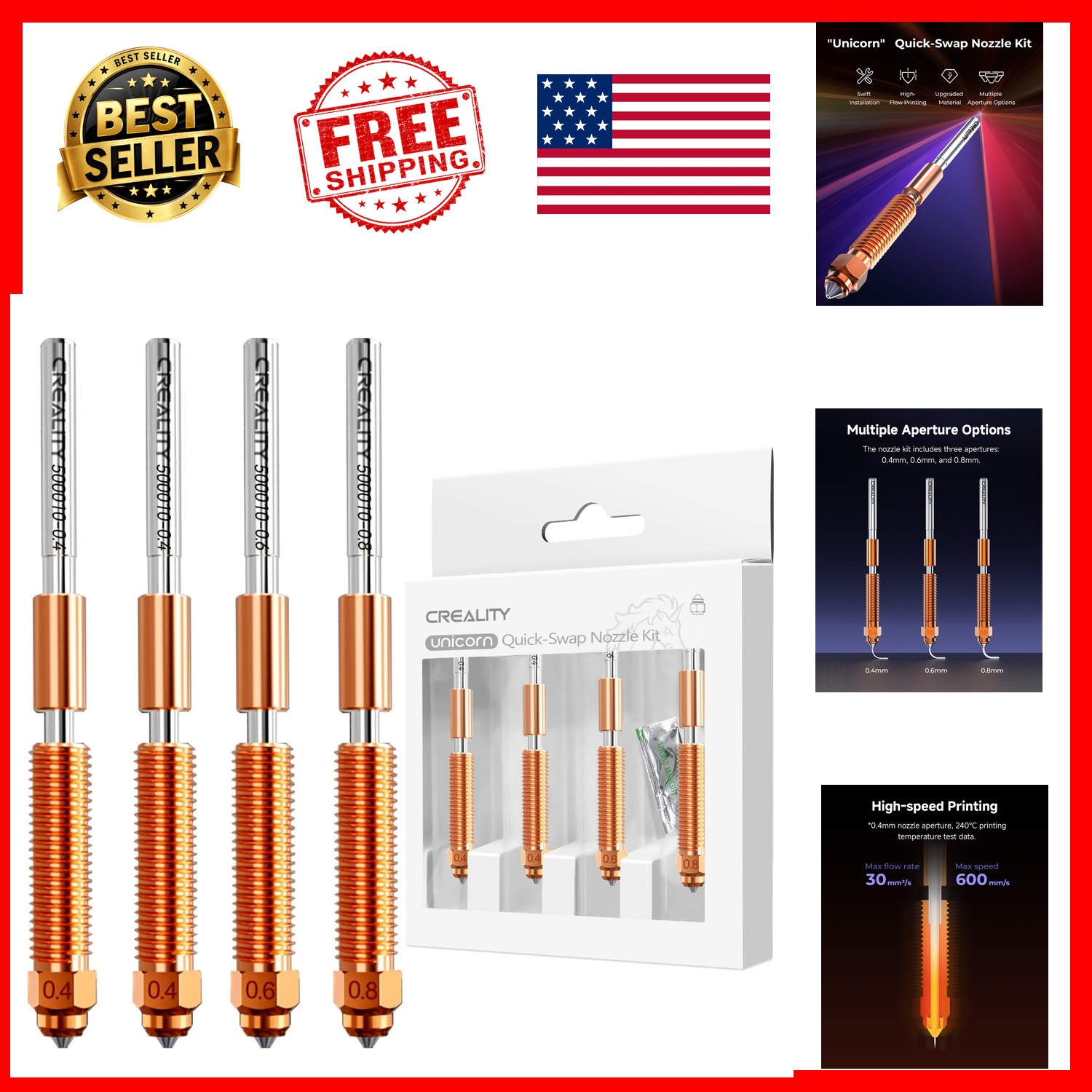 Nozzle Kit 4PCS Quick-Swap 0.4 0.6 0.8mm for K1C K1 SE K2 SE Ender 3 V3 Steel