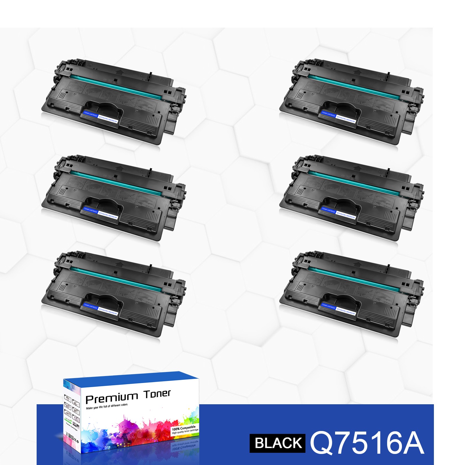 6PK Black Toner Cartridge Q7516A Compatible with HP LaserJet 5200 5200dtn 5200tn