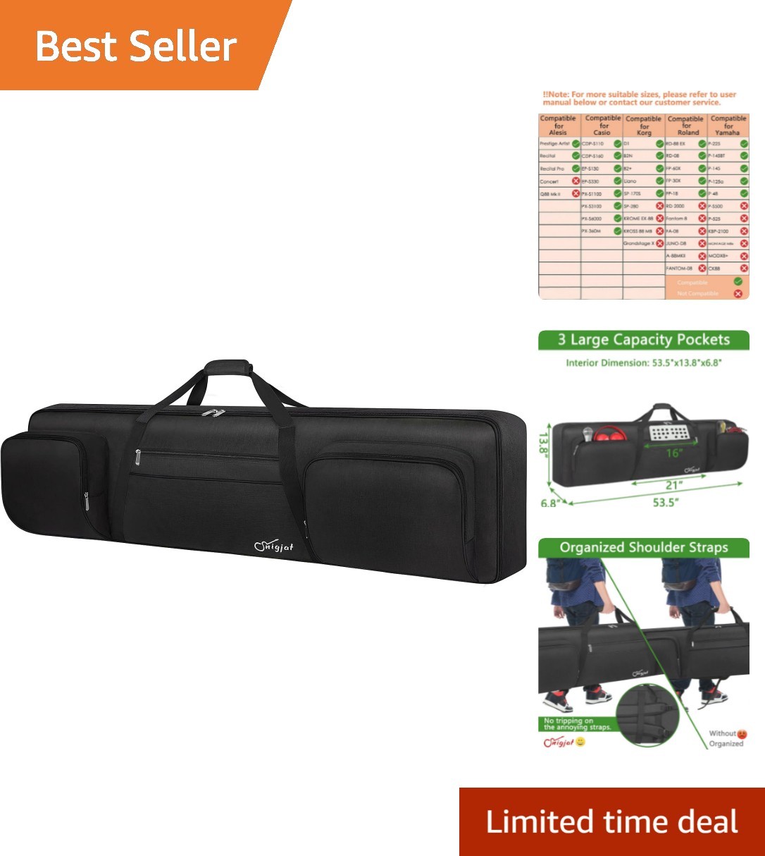 Padded Soft Case for 88-Key Keyboard with Waterproof Design & Shoulder Straps