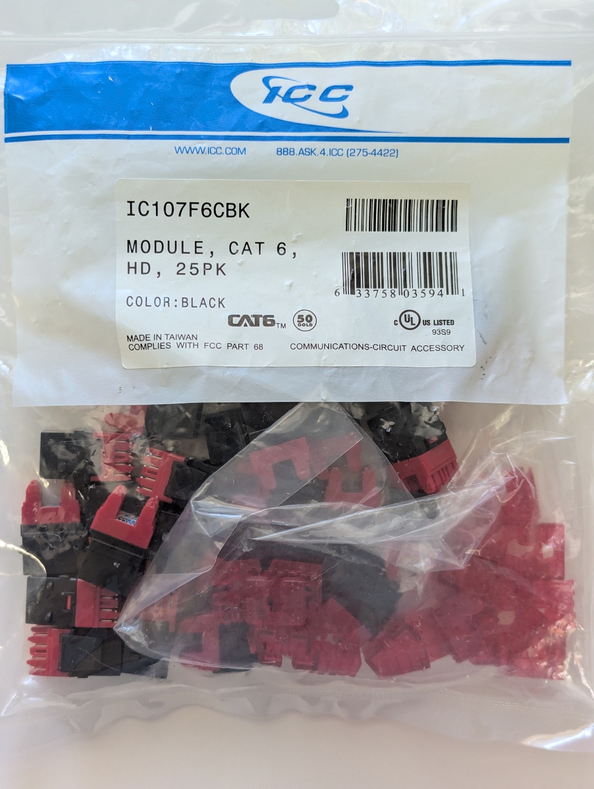 ICC 25-pack Cat6 HD IC107F6CBK modular keystone jacks, black, new