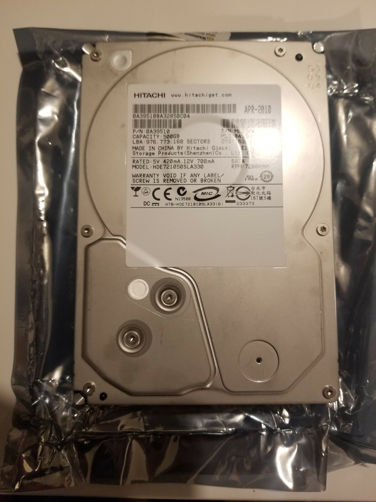 Hitachi HDE721050SLA330 PN 0A39510 MLC BA3285 500GB 3.5" SATA HD