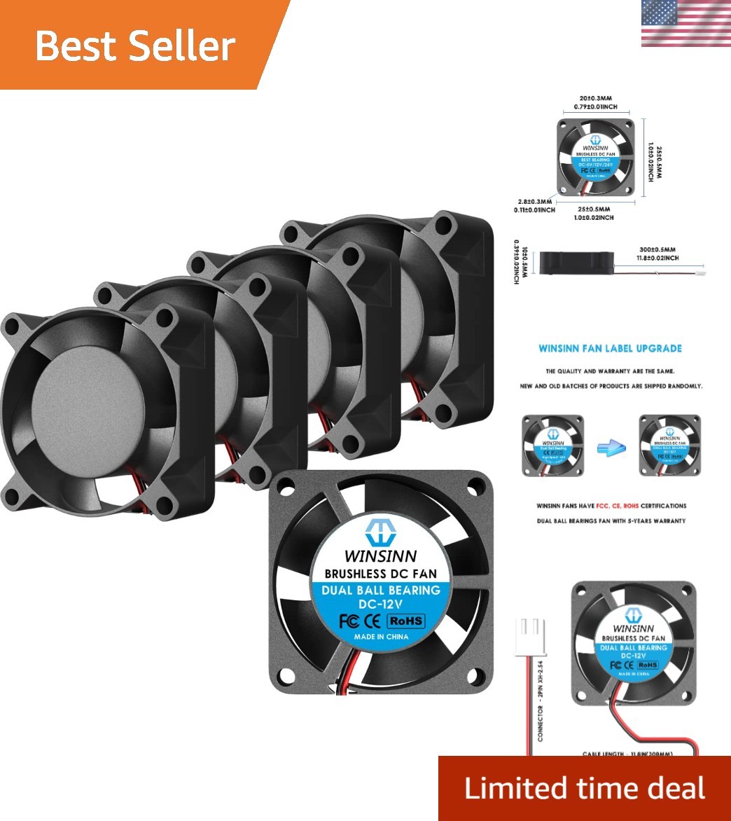 Compact 25mm Dual Ball Bearing Cooling Fan - 12V, 9000RPM, Low Noise (5 Pack)