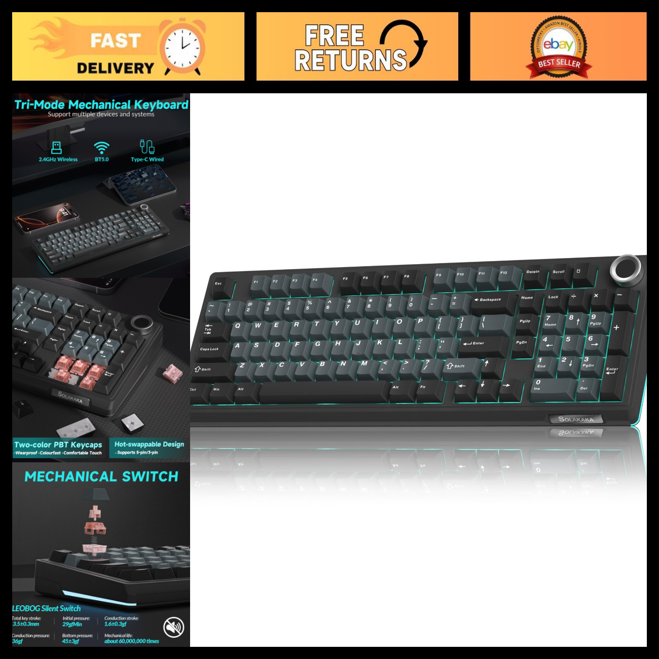 Wireless Mechanical Gaming Keyboard, Hot Swappable Quiet Switches, RGB Backlit,