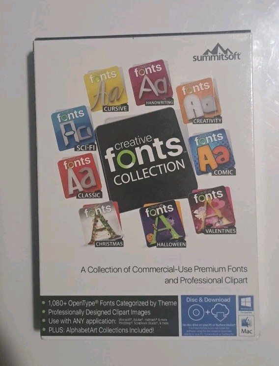 Summitsoft Creative Fonts Collection PC Mac Software Brand New Disc Download 