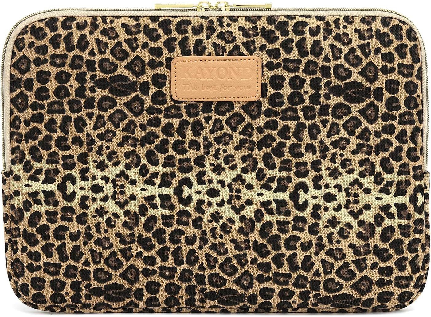 KY-03 Canvas Fabric Sleeve for 14.1 Inch Laptops - Brown Leopard Print