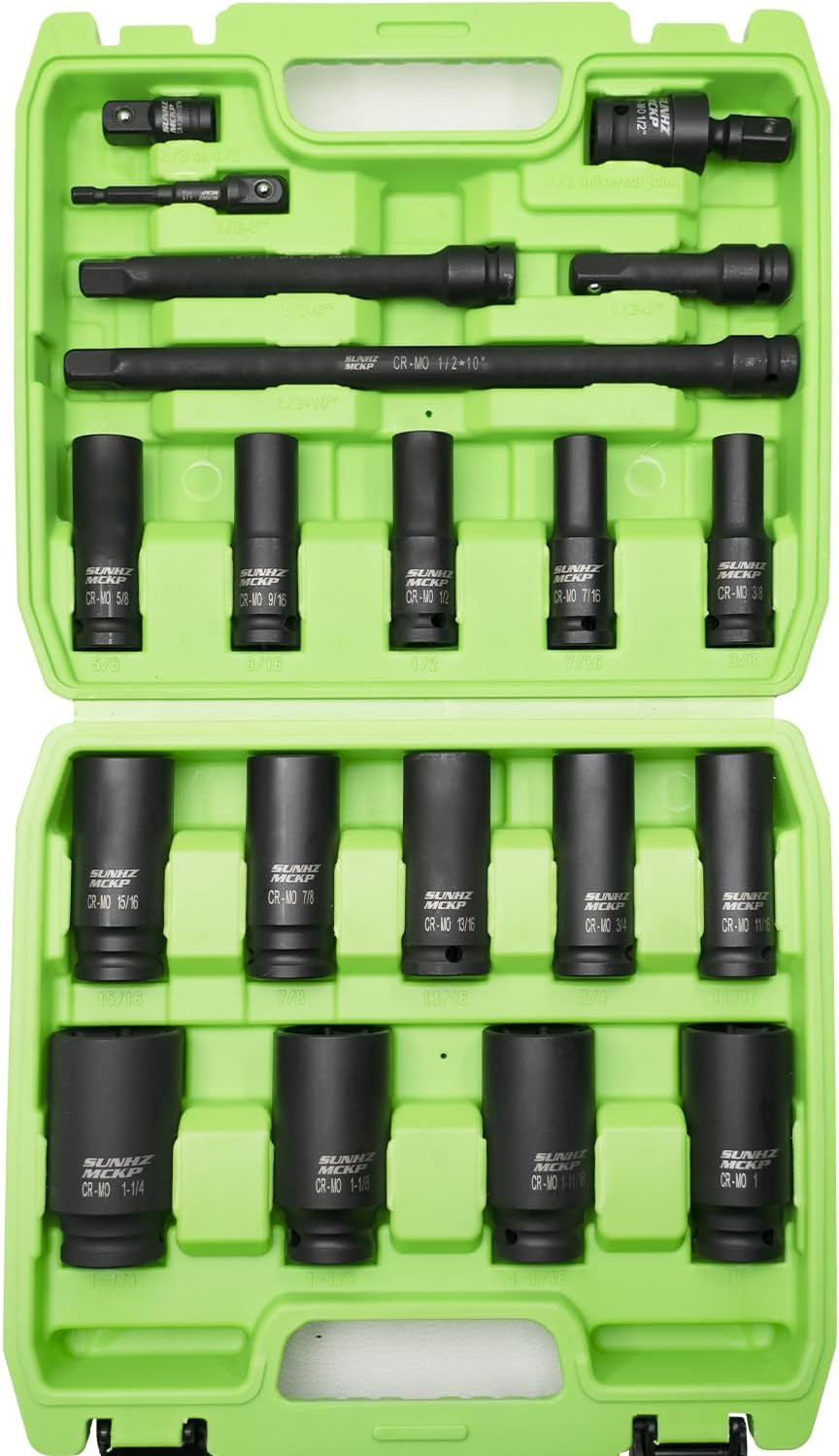 SUNHZMCKP 20 PCS 1/2" Impact Socket Set, Drive Deep 6 Point Socket Set, Includin