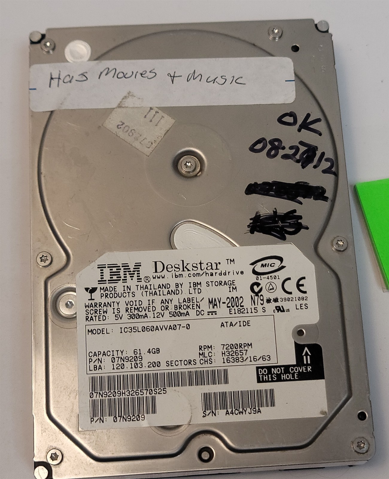 IBM IC35L060AVVA07-0 HDD , 3.5" , 61.4 GB, IDE/ATA/ATAPI-5, tested w/ pics