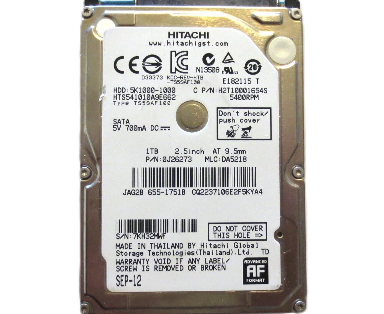 HTS541010A9E662 0J26273 DA5218 (7KH) Thailand 2.5" 1TB Sata HDD 09/2012