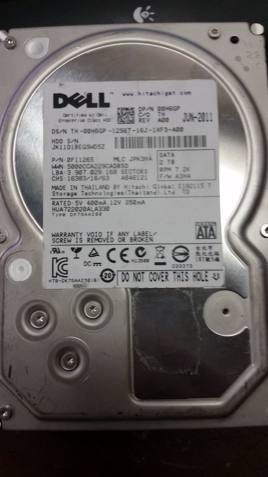 Dell 0H6GP 2TB 7200RPM SATA II 3.5" HDD