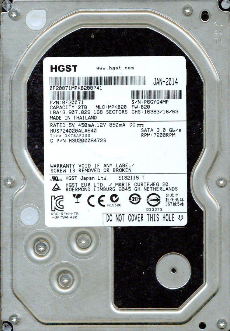 HUS724020ALA640,  P/N: 0F20071, MLC: MPKB20,  HITACHI SATA 2TB 