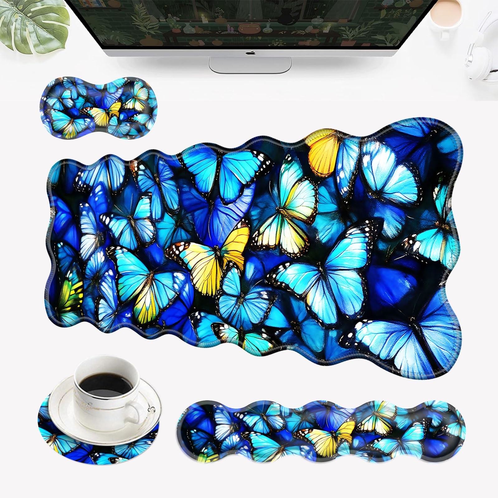 Desk Mat Mouse Pad Wrist Rest 4in1 Large Ergonomic Gaming Keyboard Butterfly