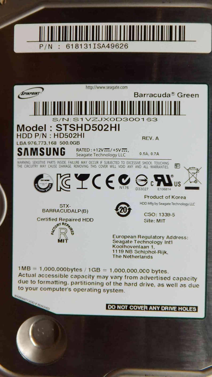 Samsung HD502HI WITH P/N: 618131ISA49626 S/N: S1VYJX0D300163 500GB