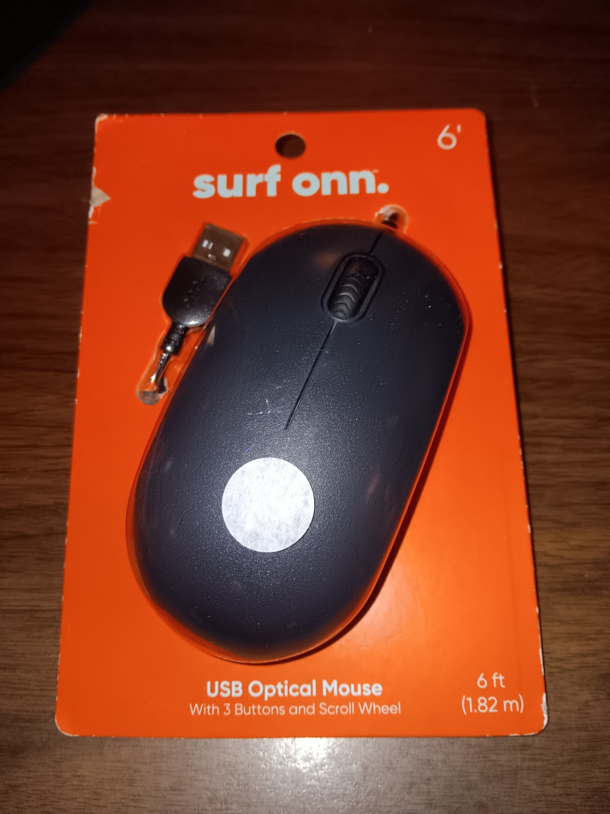SURF ONN USB Optical Mouse Easy 3-Button and Scroll Wheel Black 6ft Cable - NEW