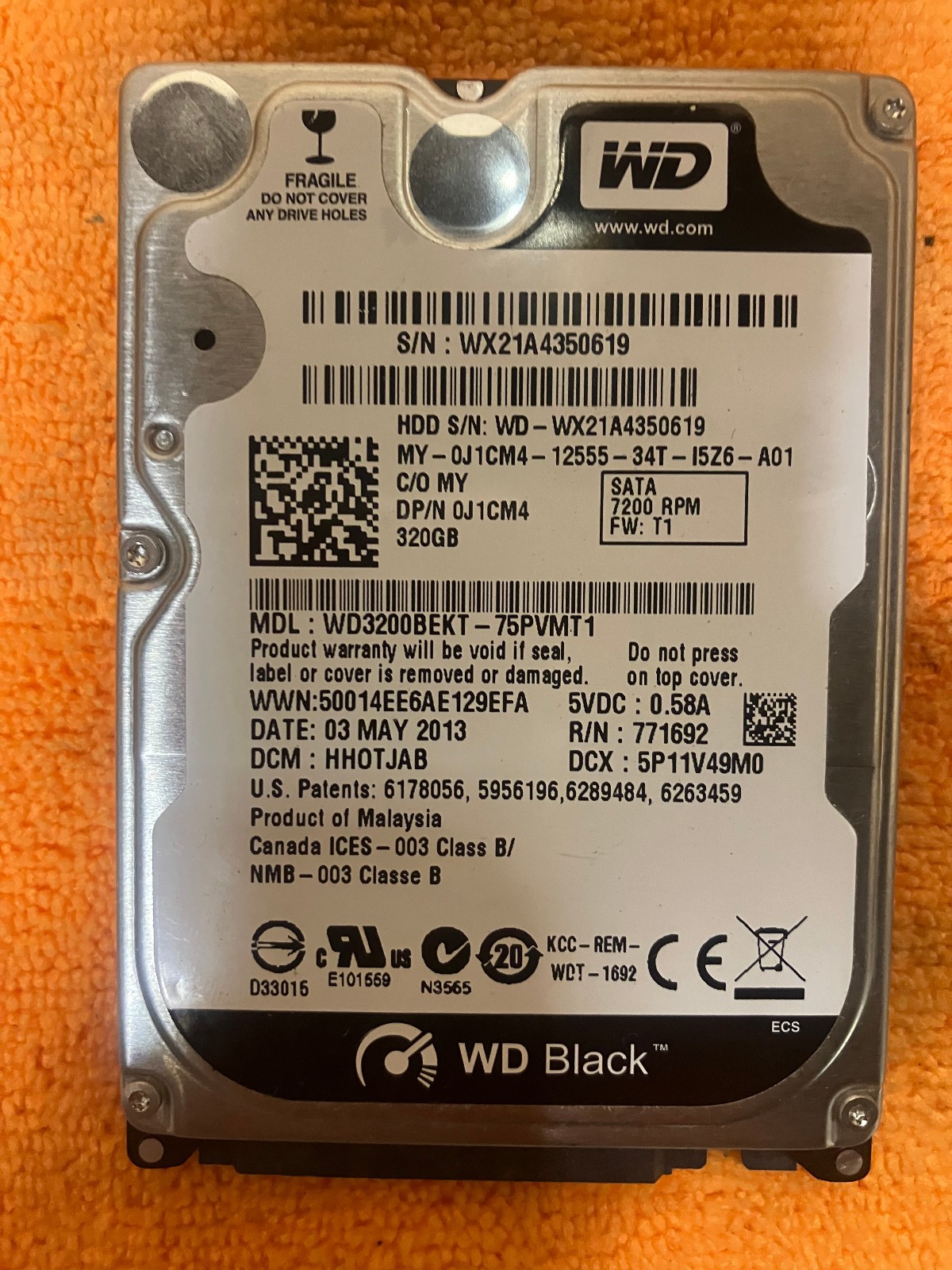 WD Scorpio Black 320GB 7200RPM 2.5" SATA HDD WD3200BEKT-75PVMT1 Tested Wiped