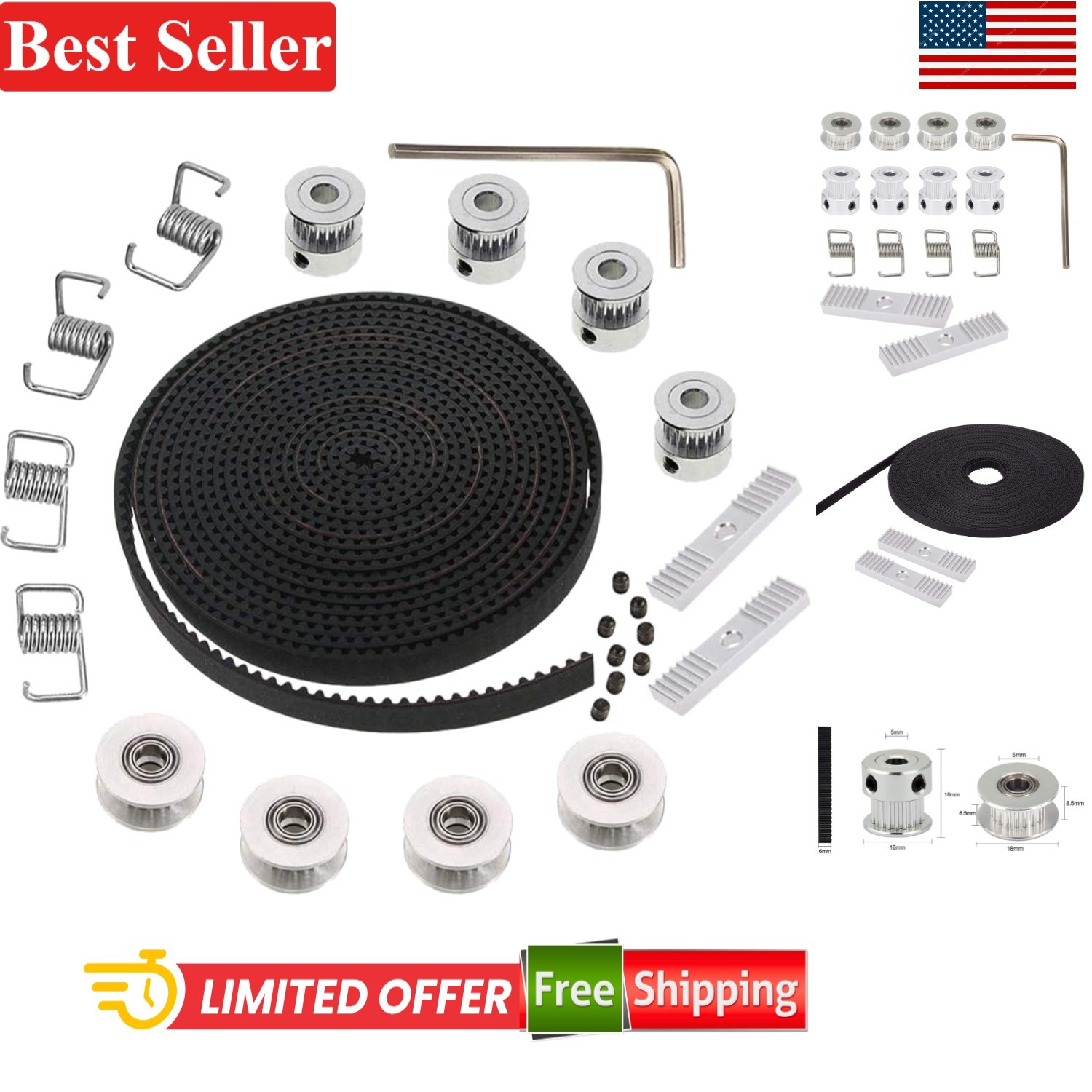 Complete GT2 Timing Belt Kit: 5M Length, 20 Teeth Pulley & Idler for 3D Printers