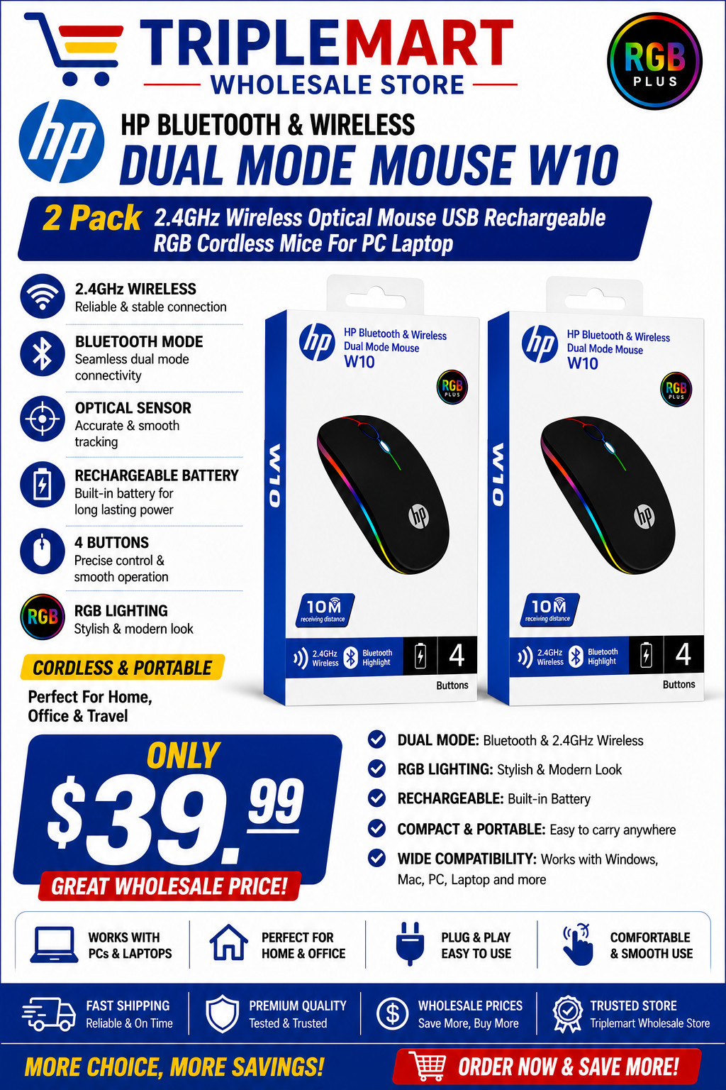 2 Pack 2.4GHz Wireless Optical Mouse USB Rechargeable RGB Cordless