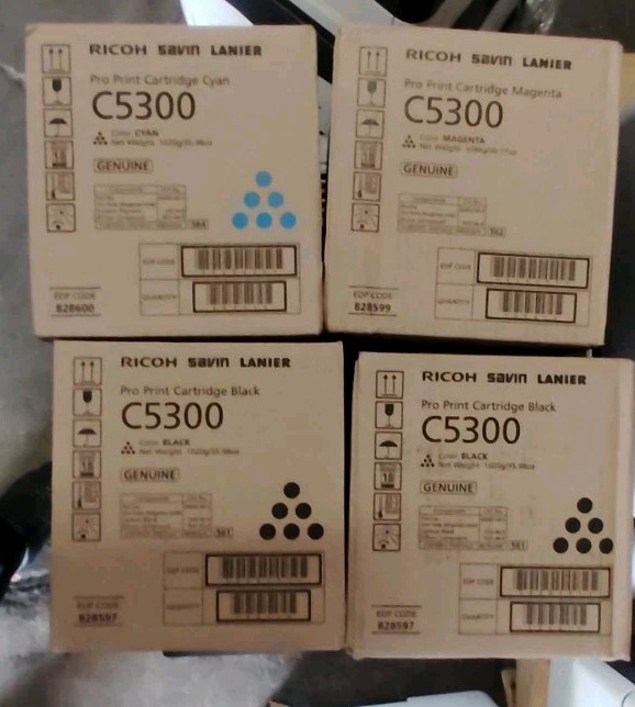 Lot Of 4 Ricoh Pro C5300S Toner Cartridges Set Yellow, Cyan