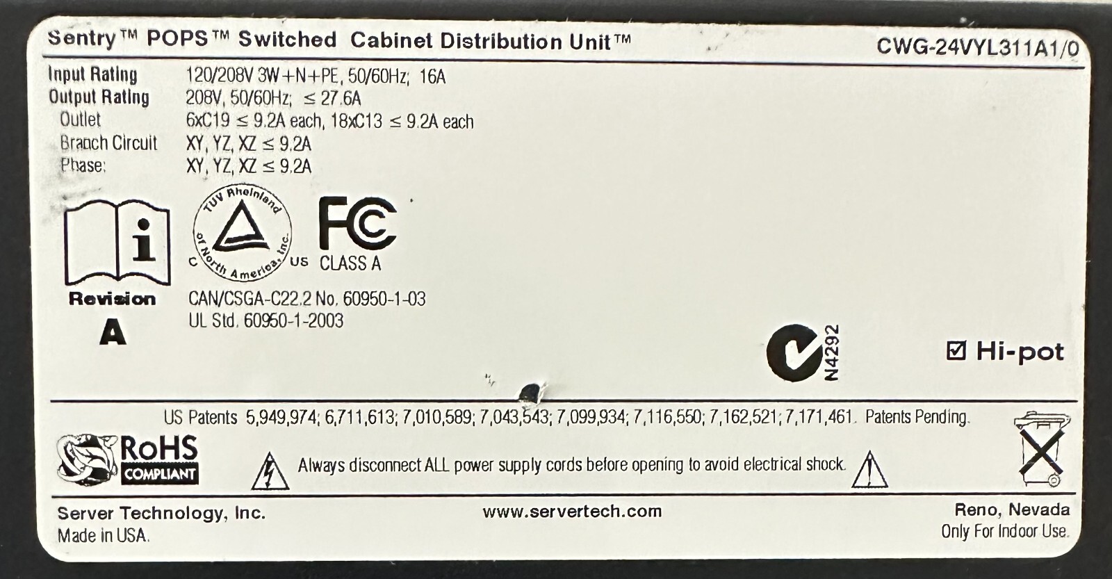 Server Tech Sentry POPs Switched 208v 16A CDU/PDU CWG-24VYL311A1/0