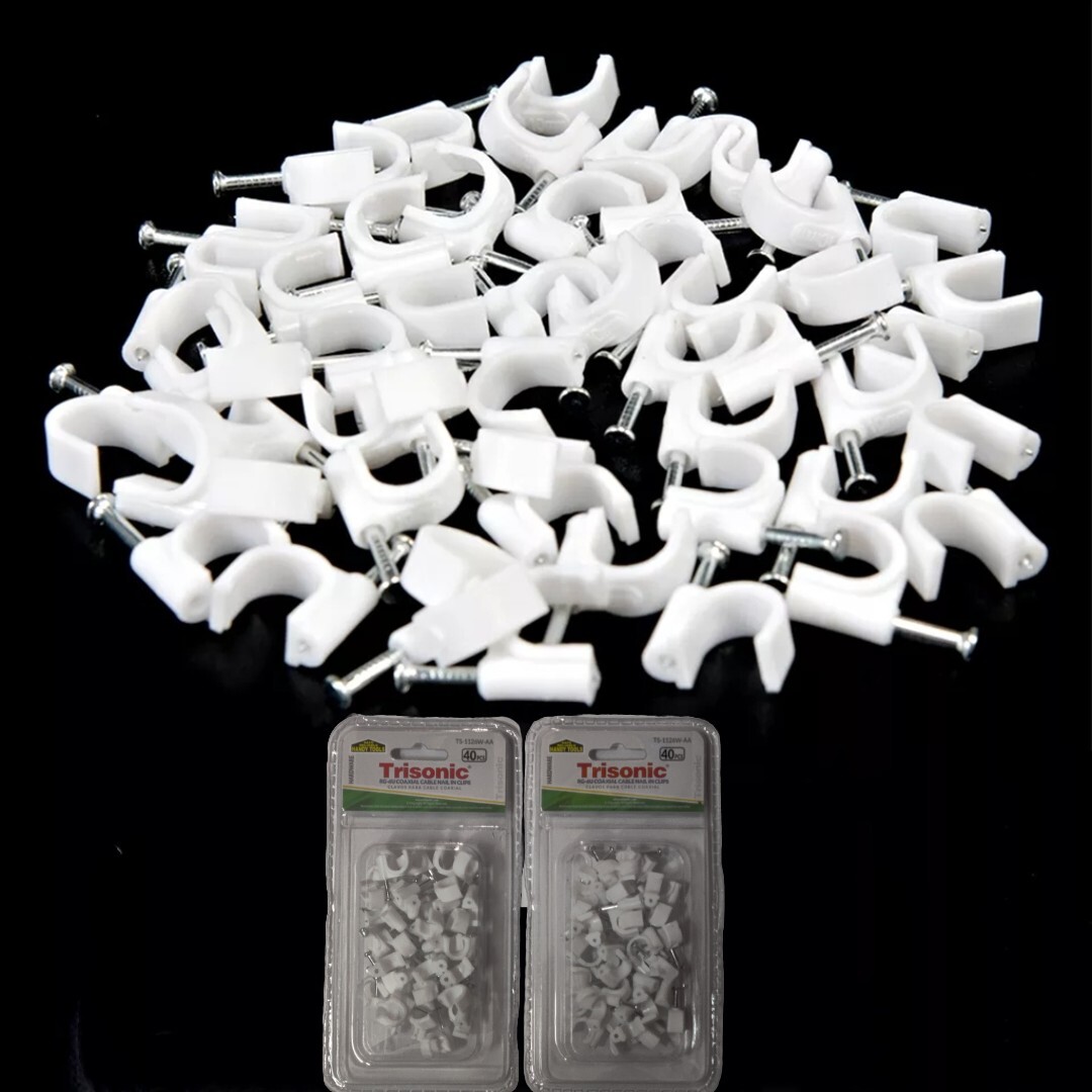 80 pc RG-6u Round Coaxial Cable Nail In Clips Cable Organizer 1/4"(6mm) White 