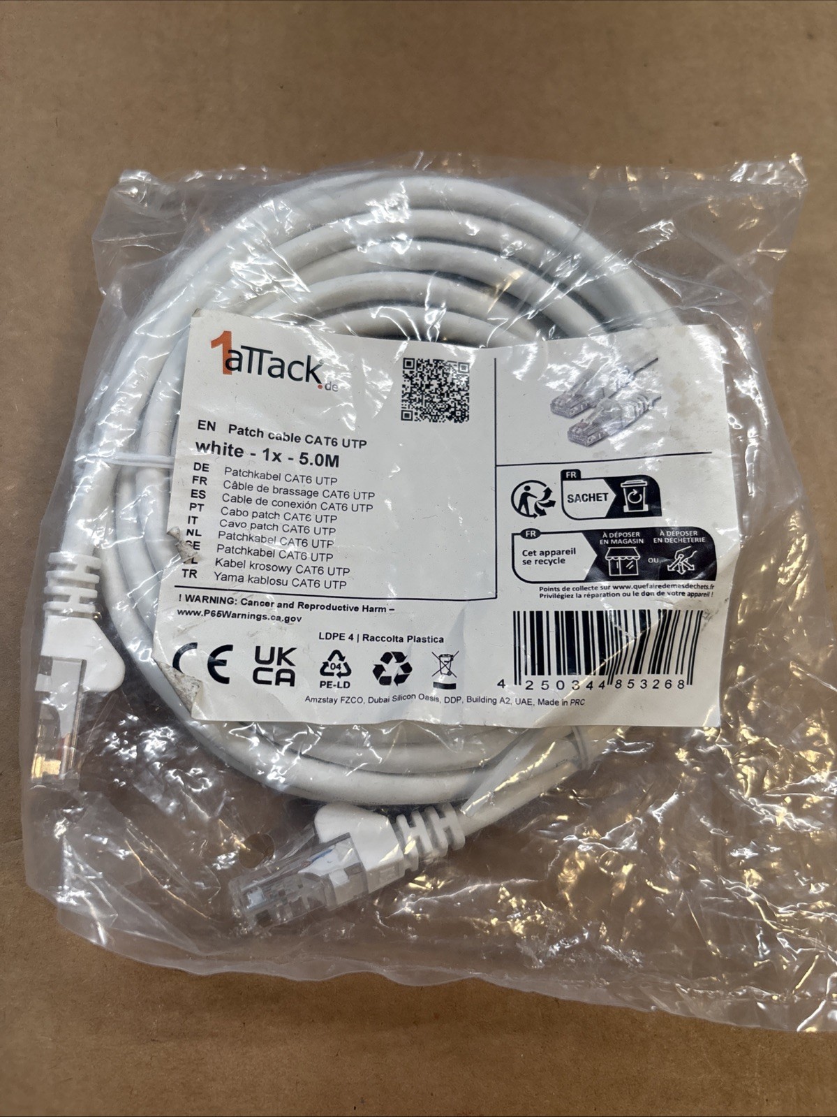 CAT 6 UTP Patch Cable, White-1x-5.0M Ethernet/Networking Cable
