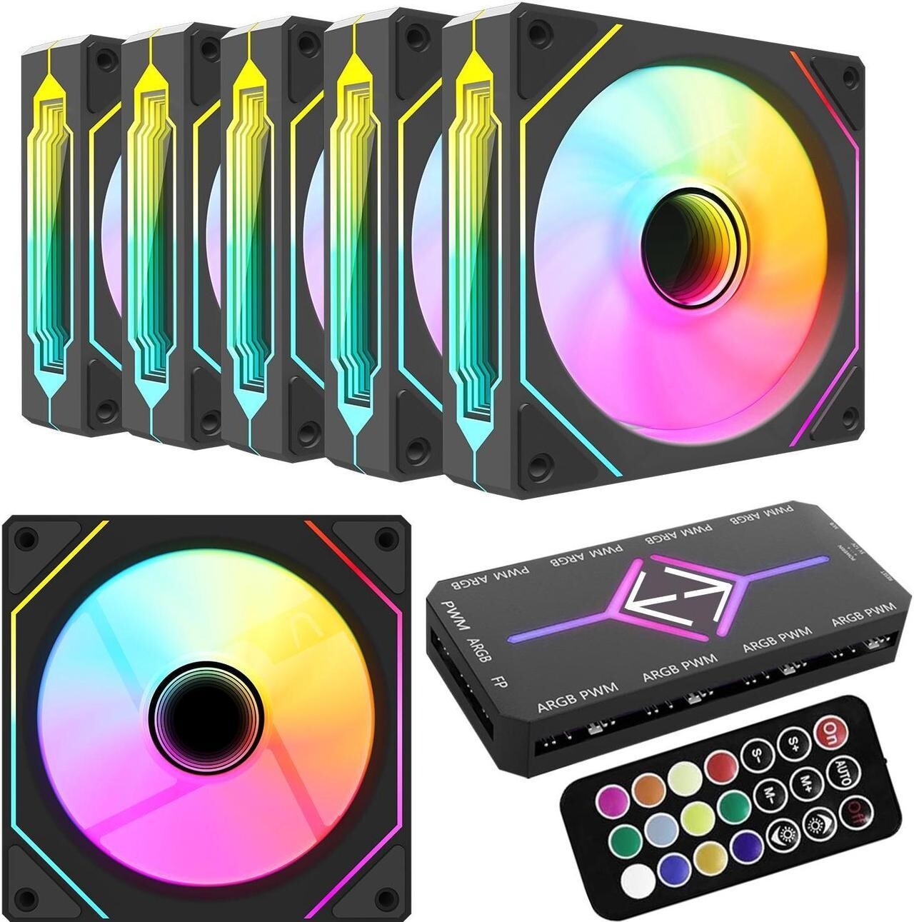 RGB Fans:6 pack 120mm PWM ARGB Case Fan w Fan Hub and Remote Speed Control Black
