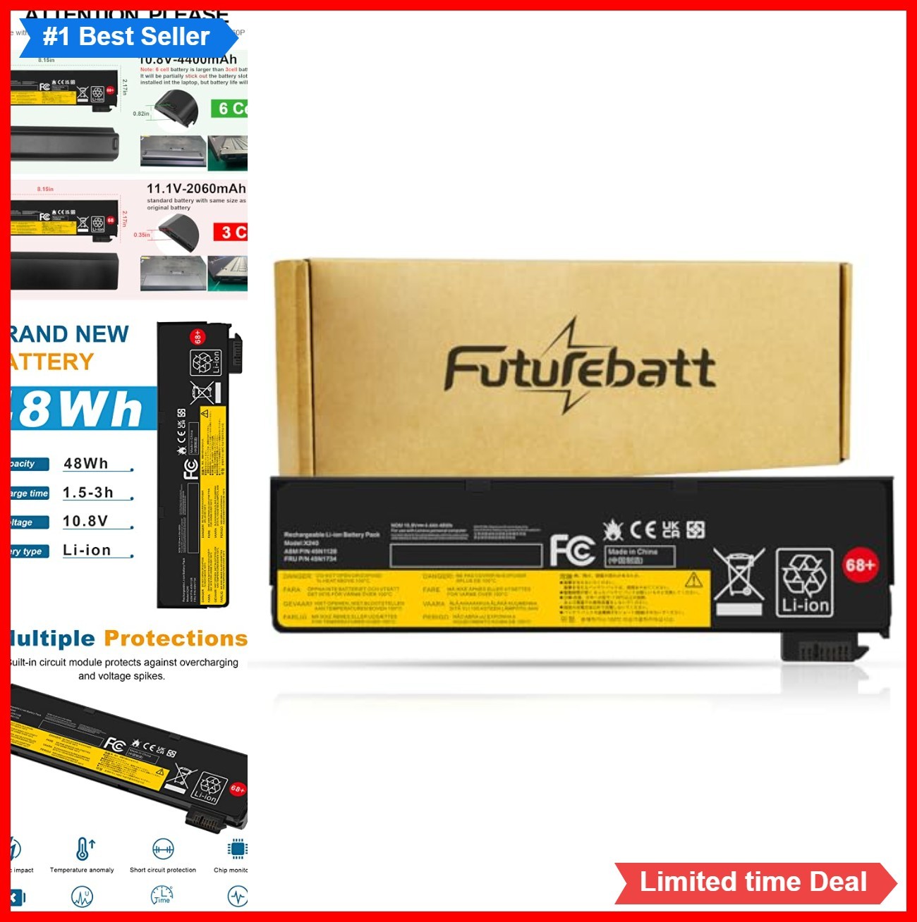 Laptop Battery 10.8V 48Wh Lithium Ion Rechargeable for ThinkPad X240 X250 T440