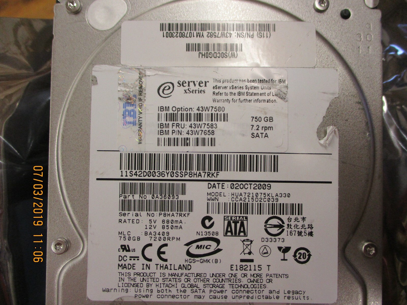 IBM - 43W7583 - 750GB 7200RPM SATA 3Gbps Hot Swap 3.5"HDD - HUA721075KLA330