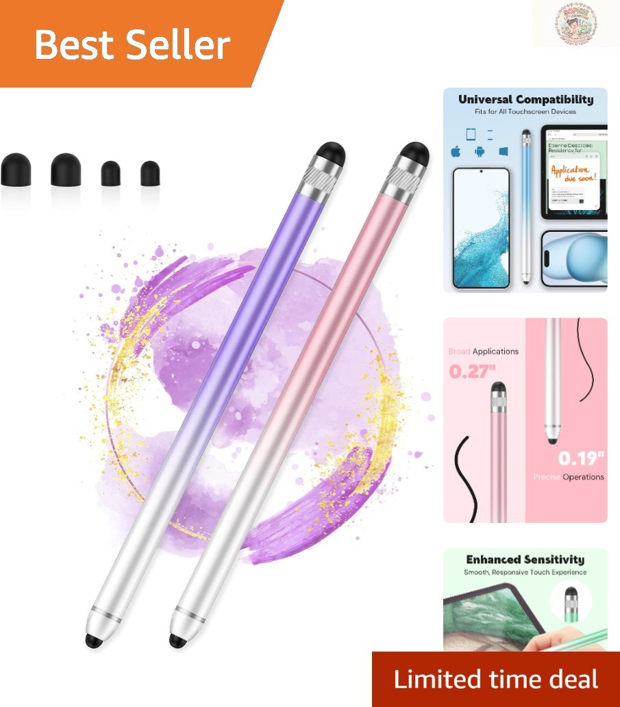 Elegant Ergonomic Stylus Pen Set for iPhone & Android - 2 Pack in Pink/Purple