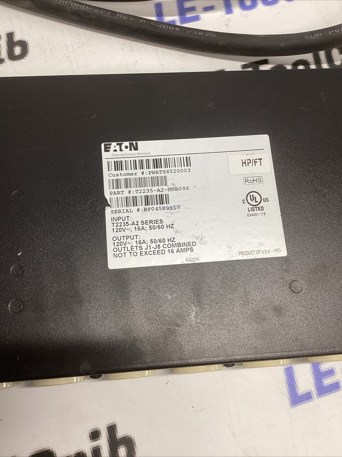 Eaton T2235-A2-NNB09S 120V 16A 50/60HZ 8 Outlet PDU Automatic Switch I730