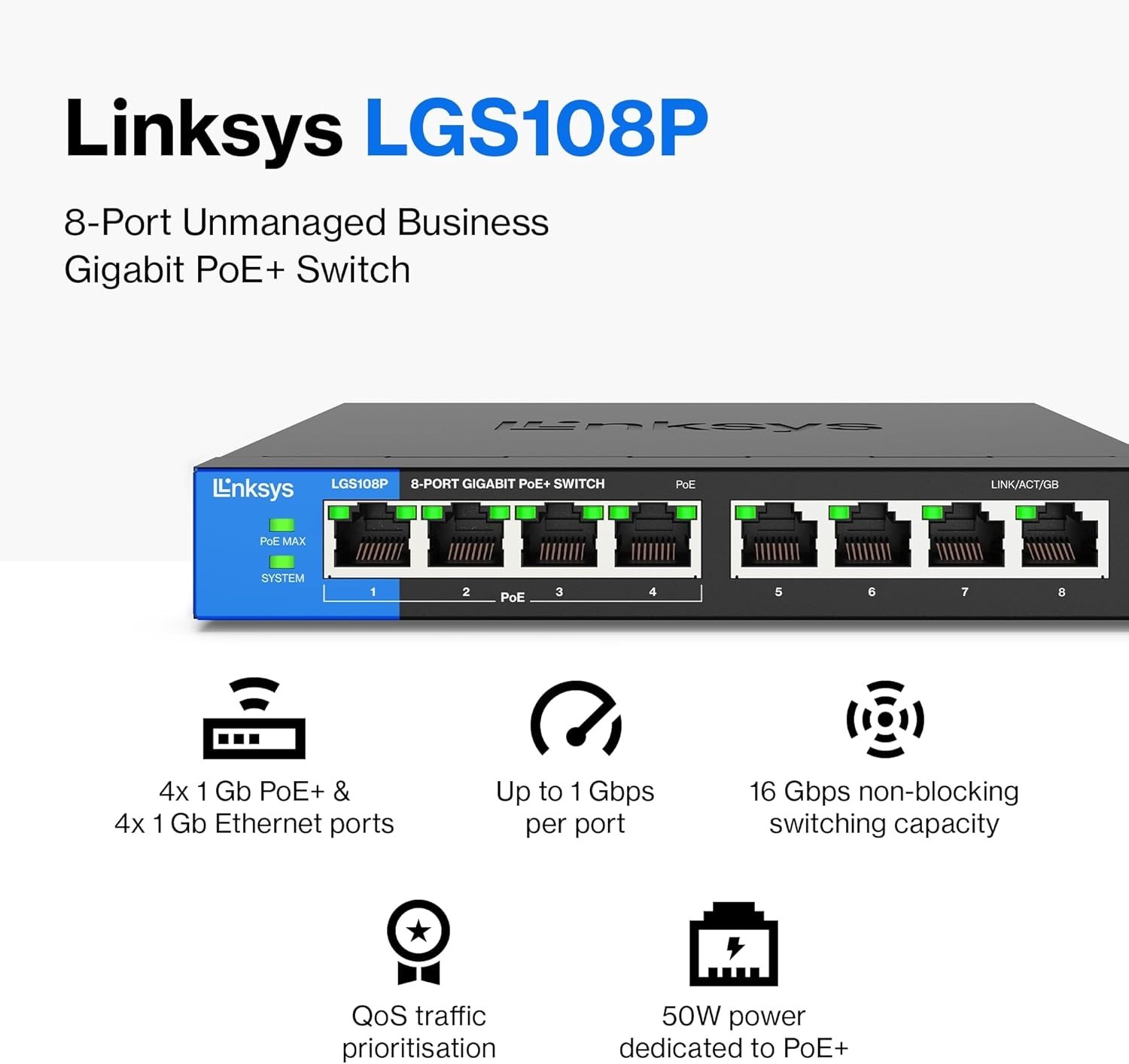 8 Port PoE Unmanaged Switch Linksys LGS108P Gigabit 50 Watt UK Plug