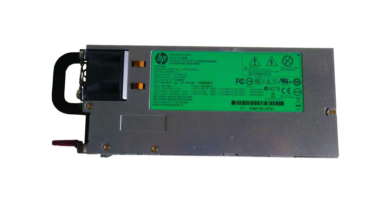 727468-001 I HP 1200W Hot Plug 1U 12V Platinum Plus Power Supply PSU