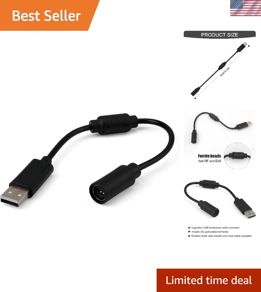 PVC USB Breakaway Cable for Enhanced Controller Performance – Black