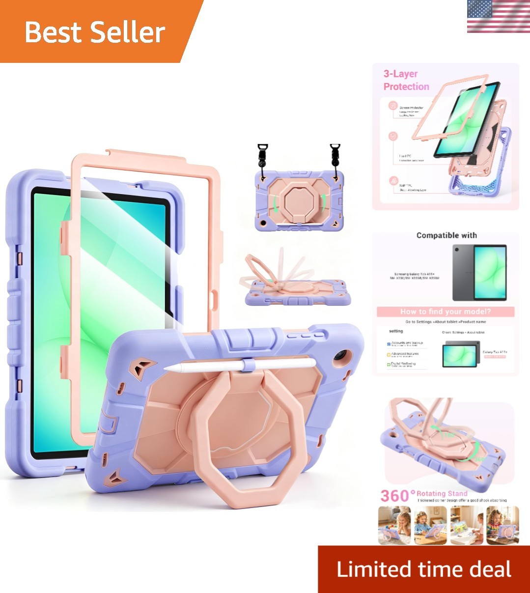 Durable Water-Resistant Case for Galaxy Tab A11+ Plus with Adjustable Strap