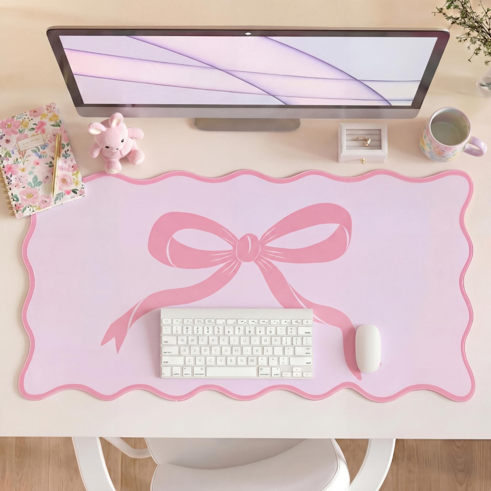 Large Pink Bow Scalloped Desk Mat 31.5" x 15.7" Cute Bow Mouse Pad