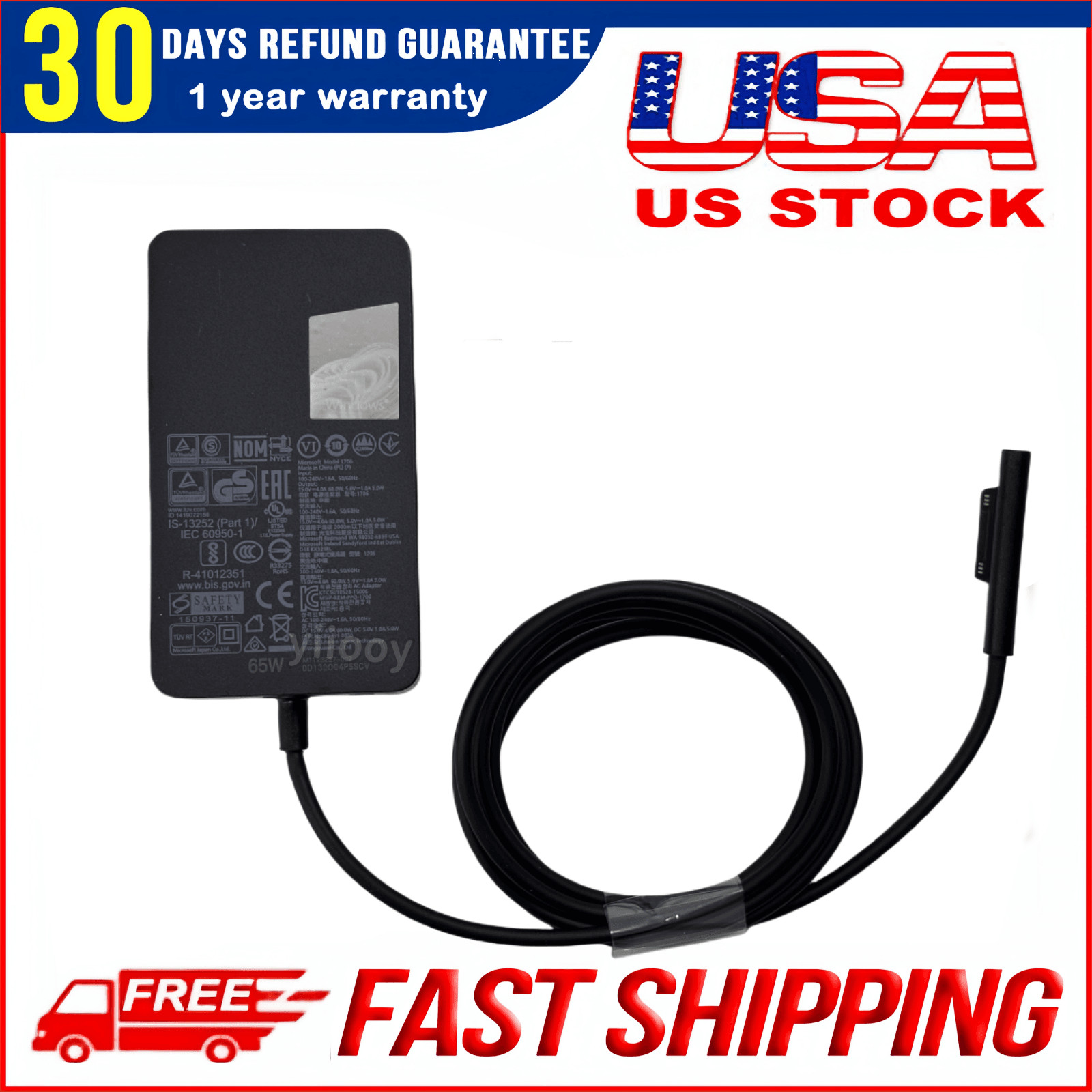 Genuine OEM 1706 65w Surface Pro 6 7 8 9 X 1769 1736 1800 Charger for Microsoft