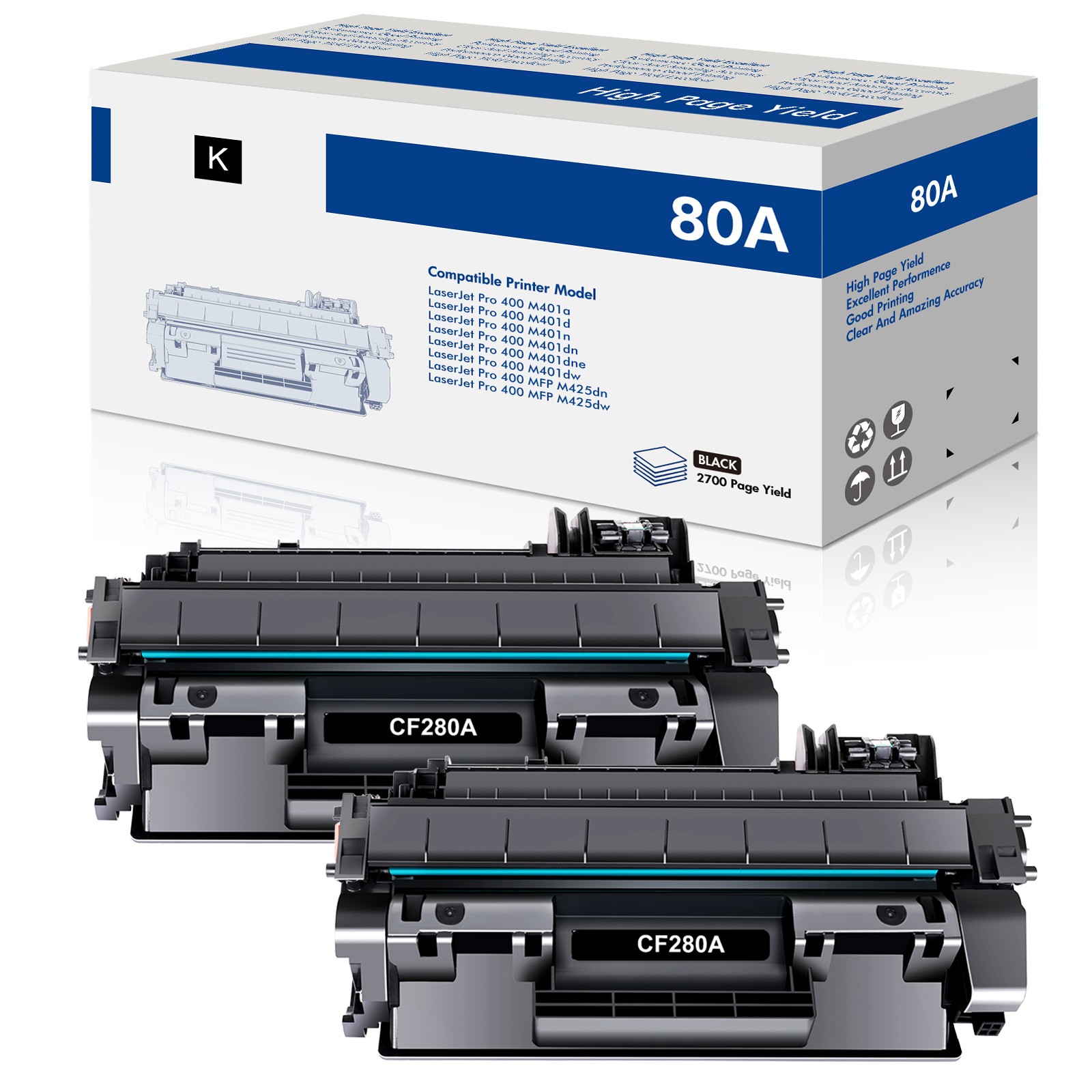 2 Pack CF280A Laser Toner Cartridge For HP LaserJet Pro 400 M401a M401d M401dn