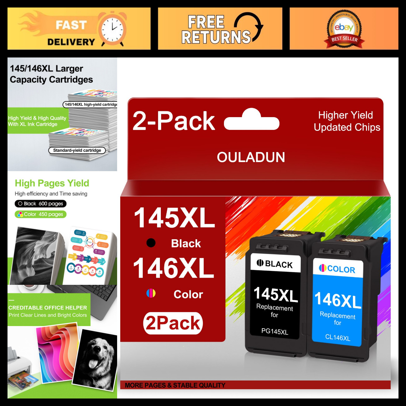 High Yield Ink Cartridges Combo Pack for Canon PIXMA TS3110, MG2410, iP2810 (1 B