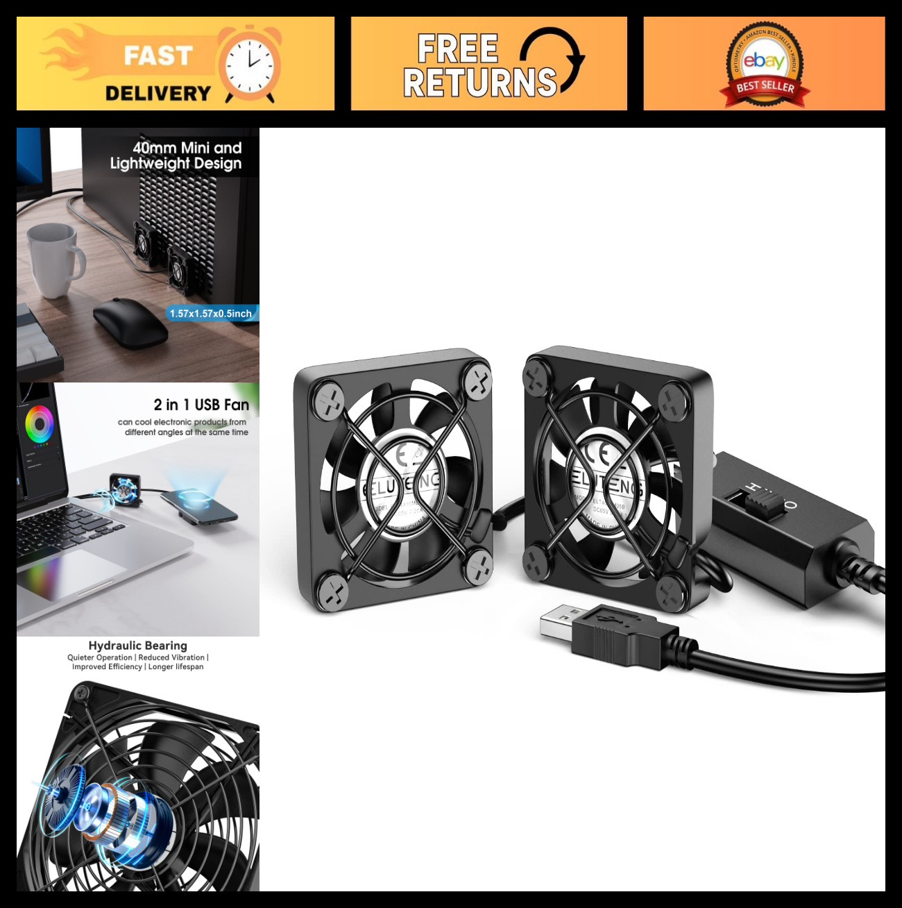 Dual 40mm USB Mini Fan - 3 Speed Adjustable, Quiet Cooling for PC, Xbox, TV Box